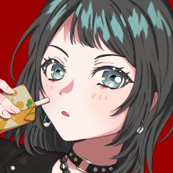 Rule 34 | 1girl, bang dream!, bang dream! it&#039;s mygo!!!!!, black hair, black jacket, blue eyes, chain necklace, collar, commentary, earrings, hand up, highres, holding, jacket, jewelry, juice box, long hair, looking at viewer, necklace, nisaka (nini2plus), parted lips, portrait, red background, simple background, solo, yahata umiri