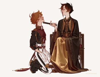 2boys aiguillette alternate_costume antenna_hair artist_name asian belt belt_around_waist blue_eyes boots brown_boots brown_eyes brown_hair brown_hanfu brown_shirt chair chinese_clothes closed_mouth collared_shirt colored_tips earrings enilehtnorevol epaulettes eye_contact genshin_impact gloves gold_trim gradient_hair half-closed_eyes hand_fan hand_on_own_leg hands_on_own_thighs high_collar highres holding holding_fan jewelry kneeling looking_at_another low_ponytail meandros_trim multicolored_hair multiple_boys open_mouth orange_hair pants ponytail red_lips red_shirt shirt simple_background single_earring single_sidelock single_vertical_stripe sitting slavic_clothes sleeves_rolled_up smile spread_legs striped_clothes striped_pants tartaglia_(genshin_impact) tassel teeth two-tone_hair two-tone_shirt vertical-striped_clothes vertical-striped_pants wavy_hair white_background white_belt white_gloves white_pants wide_sleeves wolf_cut zhongli_(genshin_impact)