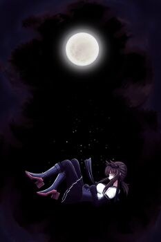 1girl black_background bodysuit bodysuit_under_clothes breasts brown_hair bubble chibiosaka closed_eyes cloud dark_sky falling floating full_moon glowing hair_horns hair_tied hands_on_own_stomach hatsuzuki_(kancolle) kantai_collection long_hair moon moonlight ponytail rudder_footwear sinking skirt whisps