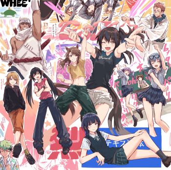 3boys 6+girls ;d aijou_karen asahi_rokka asaka_karin bang_dream! bang_dream!_girls_band_party! black_hair black_hoodie black_pants black_shirt black_sweater_vest blonde_hair blue_hair blue_skirt blue_streaks brown_hair character_request clenched_teeth closed_mouth collared_shirt commentary_request copyright_request crossed_arms daiba_nana daitaku_helios_(umamusume) dancing dark-skinned_male dark_skin dress_shirt facial_mark green_eyes green_hair green_pants green_ribbon green_skirt grin highres hood hoodie idolmaster idolmaster_cinderella_girls jujutsu_kaisen killer_bee looking_at_viewer love_live! love_live!_nijigasaki_high_school_idol_club matoba_risa mejiro_palmer_(umamusume) midriff midriff_peek miniskirt multiple_boys multiple_girls naruto_(series) naruto_shippuuden neck_ribbon one_eye_closed open_mouth orange_pants pants pink_hair pink_shirt plaid_clothes plaid_skirt pleated_skirt ponytail reclining ribbon ryoumen_sukuna_(jujutsu_kaisen) seishou_music_academy_uniform shirt short_hair short_shorts short_sleeves shorts shoujo_kageki_revue_starlight skirt smile snail summer_uniform sweater_vest teeth tendou_maya toyama_asuka turtle twintails uchiha_madara udagawa_ako umamusume v-shaped_eyebrows white_shirt white_shorts yellow_eyes yukitake_(bullfalk) yuuki_haru