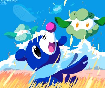 artist_name cloud cottonee day gen_5_pokemon gen_7_pokemon grass highres looking_at_another nintendo no_humans open_mouth outdoors pokemon pokemon_(creature) popplio sleepy_sealion watermark web_address