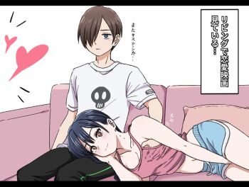 black_hair boku_no_kokoro_no_yabai_yatsu brown_eyes brown_hair camisole couch couple dolphin_shorts grabbing_another&#039;s_breast groping ichikawa_kyoutarou long_hair midriff mole mole_on_neck narumi_(62rimi) shirt shorts sitting t-shirt white_shirt yamada_anna