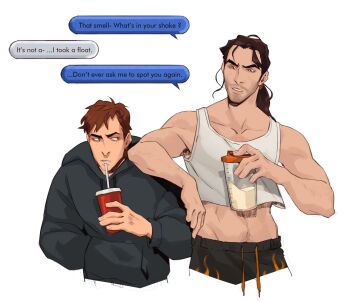 2boys beard_stubble black_hoodie black_pants brown_eyes brown_hair collarbone commentary crop_top cropped_legs cropped_shirt cropped_torso dispatch drinking_straw drinking_straw_in_mouth elbow_on_another&#039;s_shoulder english_commentary english_text facial_hair flambae_(dispatch) highres hood hood_down hoodie long_hair male_focus midriff multiple_boys pants ponytail pygmart robert_robertson shaker_bottle shirt short_hair simple_background speech_bubble stubble white_background white_shirt