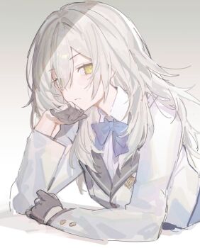 Rule 34 | 1girl, black gloves, blue bow, blue bowtie, bow, bowtie, closed mouth, collared shirt, commentary, funa (sakana), gloves, grey hair, half gloves, honkai: star rail, honkai (series), jacket, long hair, shirt, solo, stelle (honkai: star rail), trailblazer (honkai: star rail), untranslatable commentary, yellow eyes