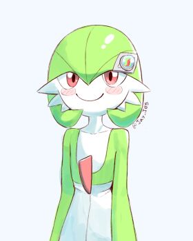 arms_at_sides blue_background blush blush_stickers closed_mouth collarbone colored_skin commentary english_commentary gardevoir gen_3_pokemon hair_ornament hairclip jay_j05 looking_at_viewer mega_stone nintendo no_humans pokemon pokemon_(anime) pokemon_(creature) pokemon_focus poketoon red_eyes simple_background smile solo twitter_username upper_body white_skin
