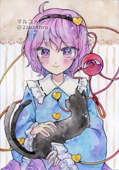 Rule 34 | 1girl, 2zuz4hru, black cat, blue shirt, blush, buttons, cat, closed mouth, collared shirt, commentary request, eyeball, frilled shirt collar, frilled sleeves, frills, hair ornament, hairband, heart, heart button, heart hair ornament, highres, kaenbyou rin, kaenbyou rin (cat), komeiji satori, long sleeves, painting (medium), pink eyes, pink hair, pink skirt, ribbon-trimmed collar, ribbon trim, shirt, skirt, smile, third eye, touhou, traditional media, twitter username, watercolor (medium), wide sleeves