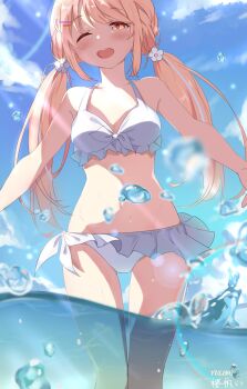 Rule 34 | 1girl, bikini, blue sky, blush, brown eyes, cloud, commentary request, flower, frilled bikini, frills, hair flower, hair ornament, highres, kano mahoro, lens flare, pink hair, quality, sky, smile, sunlight, swimsuit, twintails, upper body, virtual youtuber, water drop, winking (animated), yu ling (linglan97596507)