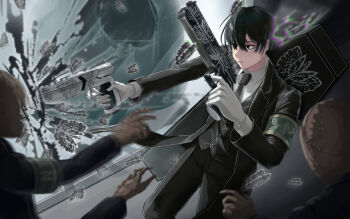 1boy 3others :| absurdres armband bad_arm black_eyes black_hair black_jacket black_necktie black_vest bug butterfly closed_mouth coffin collared_shirt dual_wielding dutch_angle e.g.o_(project_moon) expressionless feet_out_of_frame green_armband gun handgun headshot highres holding holding_gun holding_weapon insect jacket limbus_company lobotomy_corporation_(identity)_(project_moon) male_focus monarch_butterfly multiple_others necktie official_alternate_costume out_of_frame people project_moon shirt short_hair solemn_lament_(e.g.o) tolinaun vest weapon white_shirt yi_sang_(project_moon)