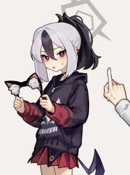 1girl 1other absurdres animal_ear_hairband animal_ears black_choker black_hair black_hoodie black_horns blue_archive bright_pupils cat_ear_hairband cat_ears choker collarbone commentary_request cowboy_shot demon_girl demon_horns earclip fake_animal_ears from_side grey_halo hairband halo highres holding_hairband hood hoodie horns index_finger_raised kayoko_(blue_archive) korean_commentary looking_at_viewer looking_to_the_side low_wings mole mole_on_collarbone multicolored_hair pleated_skirt ponytail pov pov_hands purple_wings red_eyes red_skirt revision single_wing skirt small_sweatdrop solo_focus two-tone_hair unworn_hairband white_hair white_pupils wings yoon_cook