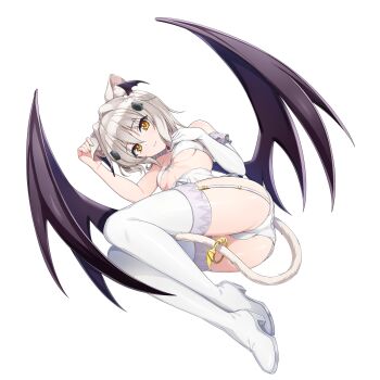 1girl animal_ears boots breasts cat_ears cat_girl cat_hair_ornament cat_tail demon_wings dolphin_wave game_cg gloves hair_ornament head_wings high_school_dxd highres looking_at_viewer non-web_source official_alternate_costume official_art ootomo_takuji single_glove small_breasts smile solo tail thigh_boots toujou_koneko transparent_background underboob white_hair wings yellow_eyes