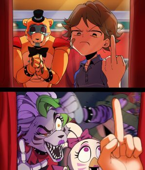 2girls 3boys angry bandaid bandaid_on_face blue_eyes bow bracelet brown_hair chica collar collared_shirt ear_piercing earrings eyeshadow five_nights_at_freddy's five_nights_at_freddy's:_security_breach freddy_fazbear frown fullbban_g furry furry_male gauntlets glamrock_chica glamrock_freddy glasses green_hair gregory_(fnaf) half-closed_eyes hat highres hitting holding_hands jewelry lipstick makeup messy_hair middle_finger montgomery_gator multicolored_hair multiple_boys multiple_girls nervous piercing pink_eyes purple_hair robot room roxanne_wolf see-through_clothes sharp_teeth shirt shoulder_pads spiked_bracelet spiked_collar spiked_hair spikes sunglasses sweat sweatdrop teeth top_hat upper_body window yellow_eyes