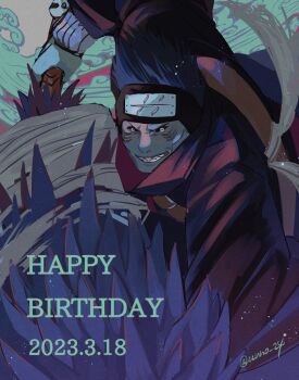 1boy akatsuki_uniform black_coat blue_skin coat colored_skin dated forehead_protector happy_birthday highres holding holding_sword holding_weapon hoshigaki_kisame kirigakure_symbol long_sleeves looking_at_viewer male_focus naruto_(series) naruto_shippuuden samehada_(naruto) sharp_teeth solo sword teeth twitter_username unno_24 weapon