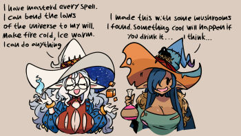 2girls archmage_(murgoten) bog_witch_(murgoten) english_text glasses hat highres multiple_girls murgoten pointy_ears potion witch_hat