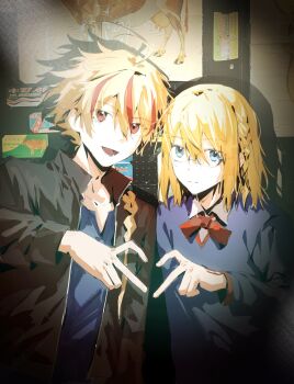 Rule 34 | 1boy, 1girl, absurdres, ahoge, blonde hair, blue eyes, boiler-worker, braid, braided ponytail, chinese commentary, collared shirt, commentary request, fate/strange fake, fate (series), glasses, heart, heart hands, heart hands duo, highres, indoors, jacket, looking at viewer, medium hair, multicolored hair, open mouth, red eyes, red streaks, richard i (fate), sajou ayaka (fate/strange fake), shadow, shirt, side braid, single braid, smile, sweater, upper body