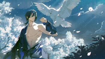 arm_guards bird black_hair blue_sky branch cherry_blossoms cloud cowboy_shot falling_petals hair_between_eyes hand_up highres japanese_clothes kimono looking_to_the_side male_focus moon night original outdoors pectorals petals short_hair sky solo toned toned_male tree xiaojiaju