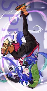 1girl @_@ absurdres ahoge animal_ears animal_hood aqua_hair awai_chitose black_bodysuit black_nails blue_hair bodysuit bodysuit_under_clothes boots bow breakdance commentary crossed_bangs drawstring hair_bow handstand heterochromia highres hood hoodie horse_ears horse_girl horse_tail long_hair long_sleeves looking_at_viewer multicolored_hair multicolored_hoodie nail_polish one_arm_handstand open_mouth pink_eyes purple_eyes rabbit_hood shadow sharp_teeth sidelocks solo squinting striped_bow stuffed_animal stuffed_rabbit stuffed_toy tail teeth twin_turbo_(blast_mode!_turbo_engine)_(umamusume) twin_turbo_(umamusume) twintails two-tone_hair umamusume upper_teeth_only upside-down very_long_hair yellow_boots