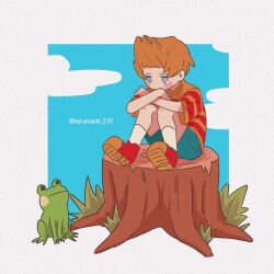 Rule 34 | 1boy, blonde hair, blue eyes, child, claus (mother 3), frog, haru-cho, lucas (mother 3), male focus, mother (game), mother 3, nintendo, shirt, shoes, short hair, shorts, single tear, striped clothes, striped shirt