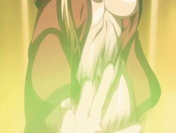 00s 1girl 2006 animated animated_gif bare_shoulders bible_black bible_black_new_testament bouncing_breasts breaking breasts brown_hair cleavage cloak dress earrings green_eyes imari_kurumi jewelry large_breasts lipstick long_dress long_hair makeup open_clothes ponytail robe shin_bible_black side_ponytail sidelocks standing tagme wind