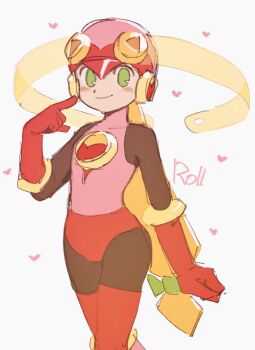 1girl absurdres black_bodysuit blonde_hair blush bodysuit character_name closed_mouth cowboy_shot green_eyes heart highres leotard long_hair mega_man_(series) mega_man_battle_network_(series) netnavi noro_zt pink_leotard roll.exe_(mega_man) simple_background smile solo white_background