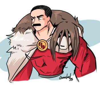 1boy alexander_(fma) black_hair bodysuit brown_hair cape cleft_chin corpse crossover dahs damaged facial_hair fullmetal_alchemist highres image_comics invincible_(series) laoyanzi muscular mustache nina_tucker pelt pun red_bodysuit short_hair thick_mustache thragg_(invincible) very_short_hair viltrumite white_bodysuit