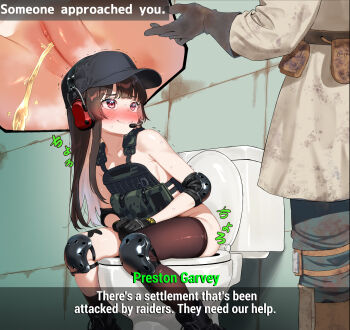 1boy 1girl black_hat black_thighhighs blue_pants blush bottomless brown_hair brown_shirt bulletproof_vest censored commentary_request dirty dirty_clothes elbow_pads embarrassed english_text fallout fallout_4 fuyukawa_(kogimiwa64338) gloves grey_gloves hat headset highres knee_pads long_hair looking_at_another mosaic_censoring nervous_smile original pants peeing pouch preston_garvey pussy red_eyes shirt single_thighhigh smile sweat thighhighs toilet toilet_use trembling