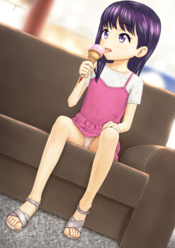 Rule 34 | 1girl, absurdres, bare legs, couch, dress, dutch angle, eating, female focus, food, highres, holding, holding food, holding ice cream, ice cream, long hair, looking to the side, ogyadya, open mouth, original, paid reward available, panties, panty peek, pink dress, purple eyes, purple hair, sandals, sitting, solo, teeth, thighs, toes, tongue, tongue out, underwear, upper teeth only, white sandals