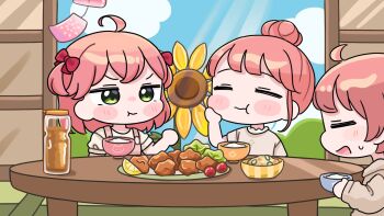 1boy 2girls :t ahoge blue_sky blush_stickers bow bowl brown_hoodie brown_shirt chibi closed_eyes closed_mouth cloud day dress eating food hair_bow hair_bun highres hololive hood hood_down hoodie indoors mochimiko multiple_girls pink_dress pink_hair profile puffy_short_sleeves puffy_sleeves red_bow rice rice_bowl sakura_miko shirt short_sleeves sky sleeveless sleeveless_dress small_sweatdrop sweat table two_side_up virtual_youtuber wavy_mouth wind_chime