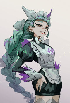 1girl absurdres apron black_shirt black_shorts braid brown_eyes commentary_request cowboy_shot gradient_background green_hair grin highres kokorin lebanne_(pokemon) long_hair looking_at_viewer maid_apron maid_headdress multicolored_hair nintendo pokemon pokemon_legends:_z-a puffy_shorts purple_hair shirt shorts smile solo streaked_hair thighhighs very_long_hair white_thighhighs
