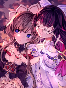 Rule 34 | 2girls, bare shoulders, black dress, black hair, blue eyes, blush, bow, brown hair, choker, closed eyes, closed mouth, columbina (genshin impact), commentary request, detached sleeves, dress, feathered wings, genshin impact, hair ribbon, head wings, highres, long sleeves, multiple girls, pink hair, ribbon, sandrone (genshin impact), sidelocks, smile, strapless, strapless dress, sutaku77224, white bow, white choker, white dress, white mask, white ribbon, white wings, wings, wrist ribbon