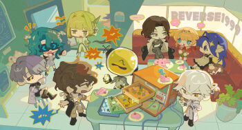 1other 3boys 5girls 98sikk absurdres android arguing black_coat black_dress black_hair black_sclera black_shorts blonde_hair blue_eyes blue_hair box brown_dress cake cake_slice chibi coat coat_on_shoulders colored_sclera couch cup dog dress enigma_(reverse:1999) ferrofluid fishbowl_helmet food from_above grey_dress grey_hair grey_pants head-mounted_display highres hissabeth holding holding_cup indoors joints jumpsuit kiperina long_hair looking_at_another lucy_(reverse:1999) medicine_pocket mismatched_sclera multiple_boys multiple_girls object_head on_couch on_stool pants plant plate pointer_(reverse:1999) potted_plant reverse:1999 robot_girl robot_joints short_hair shorts sitting snake snake_on_head speech_bubble table talking tile_floor tiles toy_box ulrich_(reverse:1999) voyager_(reverse:1999) white_coat white_hair white_jumpsuit white_pants window x_(reverse:1999) yellow_eyes