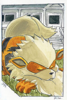 Rule 34 | animal ears, arcanine, border, building, closed eyes, gen 1 pokemon, grass, highres, nintendo, no humans, pokedex number, pokemon, pokemon (creature), risu ishii, sleeping, solo, tail, traditional media
