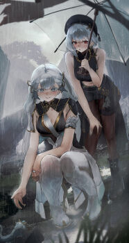2girls absurdres bare_shoulders beret black_collar black_dress black_hat black_pantyhose black_shirt black_skirt boots breasts bright_pupils cleavage closed_mouth collar colored_eyelashes commentary crop_top dress grey_hair hair_rings hat high-low_skirt highres holding holding_umbrella jinhsi_(wuthering_waves) leaning_forward medium_breasts midriff mole mole_on_cheek multiple_girls navel pantyhose rain sanhua_(wuthering_waves) shirt short_hair skirt sleeveless sleeveless_shirt smile squatting thigh_boots umbrella white_boots white_eyelashes white_eyes white_hair white_pupils wuthering_waves yawww_(yawwwart)