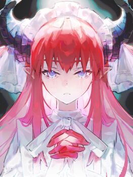 1girl blue_eyes blush colored_extremities dragon_girl dragon_horns eduoheshui elizabeth_bathory_(avenger)_(fate) fate/grand_order fate_(series) highres horns interlocked_fingers lolita_fashion long_hair looking_at_viewer own_hands_together pointy_ears praying red_hair solo two_side_up upper_body veil white_headdress white_veil