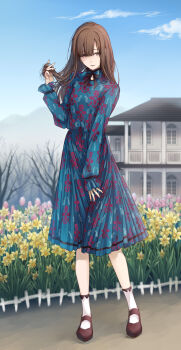 1girl absurdres bare_tree black_bow blue_dress blurry bow brown_eyes brown_hair cloud commentary_request day depth_of_field dress female_focus floral_print flower full_body highres idolmaster idolmaster_cinderella_girls loafers long_hair long_sleeves looking_at_viewer mansion mizumoto_yukari outdoors parted_lips shoes sky smile solo standing toshio tree tulip