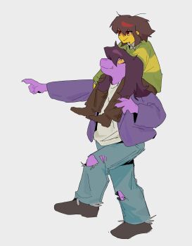 1girl 1other abcdefz_7 absurdres blue_pants brown_hair brown_pants brown_shoes carrying colored_sclera colored_skin deltarune denim full_body furry furry_female highres jeans kris_(deltarune) long_hair pants pink_skin pointing pointing_forward red_eyes shoes short_hair shoulder_carry simple_background sitting sitting_on_person sitting_on_shoulder smile susie_(deltarune) torn_clothes torn_pants utdr_(toby_fox) white_background yellow_sclera