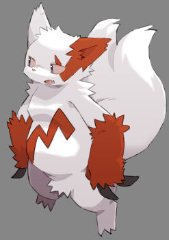 claws colored_sclera full_body gen_3_pokemon grey_background highres looking_to_the_side nintendo open_mouth pokemon pokemon_(creature) red_fur red_sclera simple_background siratama_(si-ra-ta-ma3) solo standing two-tone_fur white_fur zangoose