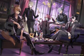 5boys :d alcohol alternate_costume animal_ears belt belt_buckle black_belt black_coat black_hair black_jacket black_nails black_necktie black_pants black_shoes black_socks black_suit black_vest blonde_hair blue_socks bottle braid brooch brown_hair buckle candy card carpet cassian_floros cat_boy cat_ears cat_tail champagne_flute chandelier closed_mouth coat coat_on_shoulders coffee_table collared_shirt colored_skin colored_tongue copyright_notice couch crossed_legs cuff_links cup curtained_hair curtains dress_shoes drinking_glass dutch_angle elbow_on_knee elbow_rest eyepatch figure_four_sitting first_stage_production food formal_clothes fox_boy fox_ears fox_tail full_body gale_galleon glass_table green_eyes green_tongue grey_eyes grey_jacket grey_pants grey_shirt grey_skin grey_suit grin group_picture hair_between_eyes halloween head_rest holding holding_candy holding_cup holding_food holding_lollipop indoors jack-o'-lantern jacket jacket_on_shoulders jewelry kemonomimi_mode knee_up lapel_pin lapels leaning_on_object leopard_boy leopard_ears leopard_tail lollipop long_hair long_sleeves looking_at_viewer lucien_lunaris male_focus multicolored_hair multiple_boys multiple_tails muntins necklace necktie nekomata notched_lapels official_art open_clothes open_collar open_jacket open_mouth oxfords pants parted_lips patchwork_skin photo_(object) pink_eyes pink_hair pink_jacket pink_shirt playing_card pointy_ears print_pants purple_scarf purple_shirt red_eyes red_vest rosco_graves sample_watermark scarf shelf shirt shoes short_hair side_braid side_part sideways_glance sitting smile socks standing stitched_face stitches stole stool streaked_hair suit suit_jacket sweater_guard swirl_lollipop table tail tiger_boy tiger_ears tiger_tail two_tails vest virtual_youtuber watermark whiskey white_hair window wine_bottle wing_collar wolf_boy wolf_ears wolf_tail woonak yellow_eyes zander_netherbrand zombie