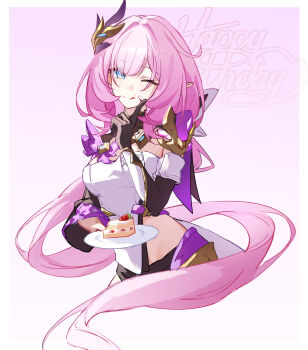 1girl ;p absurdres black_gloves black_shorts blue_eyes breasts cake cake_slice chinese_commentary clothing_cutout commentary_request corset elf elysia_(honkai_impact) elysia_(miss_pink_elf)_(honkai_impact) food gloves hair_ornament happy_birthday highres holding holding_plate honkai_(series) honkai_impact_3rd huangyou_ban_rousong large_breasts licking_lips long_hair one_eye_closed pink_hair plate pointy_ears shorts side_cutout solo tongue tongue_out very_long_hair white_corset