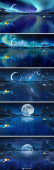 absurdres aurora cloud crescent_moon full_moon hanxiaodan highres jack-o'-lantern lovebrush_chronicles milky_way moon moon_reflection mountainous_horizon multiple_moons night no_humans official_art outdoors reflection reflective_liquid scenery sky split_screen star_(sky) starry_sky variations water watermark weibo_watermark