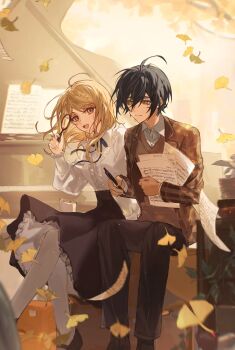 1boy 1girl :d ahoge akamatsu_kaede autumn_leaves black_hair black_pants black_shoes black_skirt blonde_hair blue_ribbon box breasts brown_eyes brown_jacket brown_sweater_vest cardboard_box center_frills collared_shirt danganronpa_(series) danganronpa_v3:_killing_harmony double-parted_bangs falling_leaves flying_paper foot_out_of_frame fortissimo frilled_skirt frilled_sleeves frills fu_ga_(vivi912912) grand_piano hair_between_eyes hair_ornament hair_over_shoulder hand_up high-waist_skirt highres holding holding_magnifying_glass holding_paper holding_pen instrument jacket knees_together_feet_apart lapels layered_clothes leaf long_hair long_sleeves looking_at_another lower_eyelashes_only magnifying_glass mary_janes medium_breasts medium_skirt musical_note musical_note_hair_ornament neck_ribbon notched_lapels on_box open_mouth pants pantyhose paper papers pen piano pink_eyes plaid_clothes plaid_jacket puffy_long_sleeves puffy_sleeves ribbon saihara_shuichi sheet_music shirt shoes short_hair sidelocks sitting sitting_on_box skirt smile sweater_vest white_pantyhose white_shirt wing_collar
