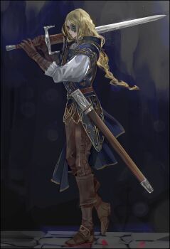 Rule 34 | 1girl, absurdres, blonde hair, blue eyes, boots, braid, brown boots, brown gloves, brown pants, burn scar, commentary, dark souls (series), dark souls ii, english commentary, gloves, greatsword, highres, holding, holding sword, holding weapon, long hair, lucatiel of mirrah, nslacka, pants, scar, scar on face, sheath, solo, sword, weapon