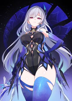 1girl azurelight_(genshin_impact) black_leotard breasts cleavage closed_mouth clothing_cutout commentary_request cowboy_shot diamond_cutout earrings elbow_gloves genshin_impact gloves gradient_background gradient_thighhighs grey_hair hair_ornament halter_leotard halterneck hand_on_own_hip highres holding holding_sword holding_weapon jewelry kamuraaa_615 large_breasts leotard long_hair looking_at_viewer multicolored_leotard pink_eyes purple_gloves purple_leotard purple_thighhighs skirk_(genshin_impact) smile solo sword thighhighs thighs torn_clothes torn_thighhighs weapon