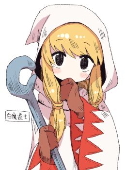 1girl black_hair blonde_hair blush brown_gloves dokan_(dkn) final_fantasy final_fantasy_tactics gloves holding holding_staff hood hood_up hooded_robe long_hair long_sleeves looking_at_viewer mage_staff robe sidelocks solo staff white_mage white_mage_(fft) white_mage_(final_fantasy) white_robe wide_sleeves