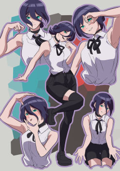 1girl absurdres aqua_eyes bare_arms bare_shoulders black_choker black_hair black_ribbon black_shoes black_shorts black_thighhighs breasts chainsaw_man choker collared_shirt commentary_request cropped_torso dancing finger_to_mouth full_body grin highres multiple_views neck_ribbon open_mouth outline purple_outline reze_(chainsaw_man) reze_dance ribbon ryonosuke_7 shirt shirt_tucked_in shoes shorts sleeveless sleeveless_shirt small_breasts smile standing standing_on_one_leg thighhighs tongue tongue_out white_shirt
