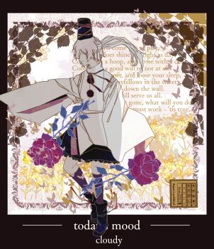 1girl artist_name atelier_tefu black_boots black_ribbon black_skirt boots bug butterfly commentary dated floral_border flower frilled_skirt frills from_side full_body grey_hair hat highres insect inset_border japanese_clothes kariginu leaf long_sleeves mononobe_no_futo neck_ribbon outside_border pom_pom_(clothes) ponytail purple_socks ribbon shirt skirt socks solo tate_eboshi touhou white_shirt