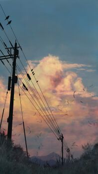absurdres bird blue_sky cloud cloudy_sky commentary_request dusk grass highres kinoko_no_sato mountainous_horizon no_humans orange_clouds original outdoors photorealistic power_lines realistic scenery silhouette sky utility_pole