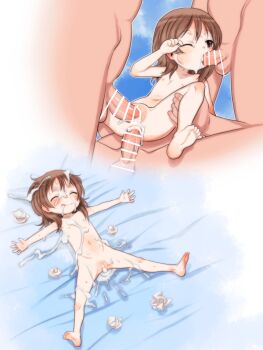 1girl 3boys :q ^_^ after_anal after_fellatio after_vaginal afterglow aftersex age_difference aishiteruze_baby anal bar_censor barefoot belly brown_eyes brown_hair censored cheek_bulge cleft_of_venus closed_eyes completely_nude cum cum_drool cum_in_ass cum_in_mouth cum_in_pussy cum_on_body cum_on_chest cum_on_hair cum_on_legs cum_on_stomach cum_overflow cum_pool cumdrip double_penetration facial fat_mons fellatio flat_chest full_body gangbang girl_on_top group_sex happy hetero highres leaning_back leg_grab licking_cum loli lying medium_hair multiple_boys multiple_views navel nipples nude on_back on_bed one_eye_closed oral penis mons_pubis puffy_pussy pussy sakashita_yuzuyu sequential sex size_difference smile soles spitroast spread_legs stomach teruki_kuma testicles thigh_grab toes tongue tongue_out triple_penetration used_tissue vaginal