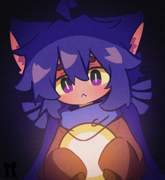 1other :< absurdres androgynous animal_ears antenna_hair blush brown_poncho brown_tunic cat_ears colored_sclera highres holding light_bulb looking_at_viewer niko_(oneshot) oneshot_(game) purple_eyes purple_hair purple_scarf rakey_xwx scarf short_hair sleeves_past_fingers sleeves_past_wrists slit_pupils solo static tunic watermark whiskers yellow_sclera
