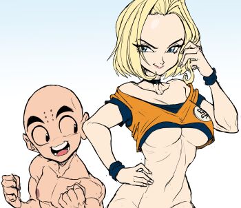 android_18 bald bare_shoulders bindi blonde_hair blue_eyes bottomless breasts choker cleft_of_venus dragon_ball dragonball_z hand_in_own_hair highres husband_and_wife kuririn looking_at_viewer medium_hair midriff navel shorter_male simple_background teevo underboob wristband