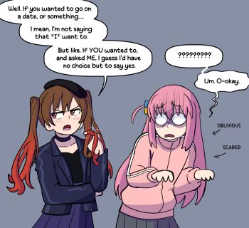 ._. 2girls ? ?? bocchi_the_rock! brown_eyes brown_hair clueless cube_hair_ornament dating eggtempest english_text gotoh_hitori gradient_hair hair_ornament highres jacket long_hair multicolored_hair multiple_girls nervous ootsuki_yoyoko pink_hair pink_jacket red_hair red_streaks shaded_face speech_bubble streaked_hair tsundere yuri